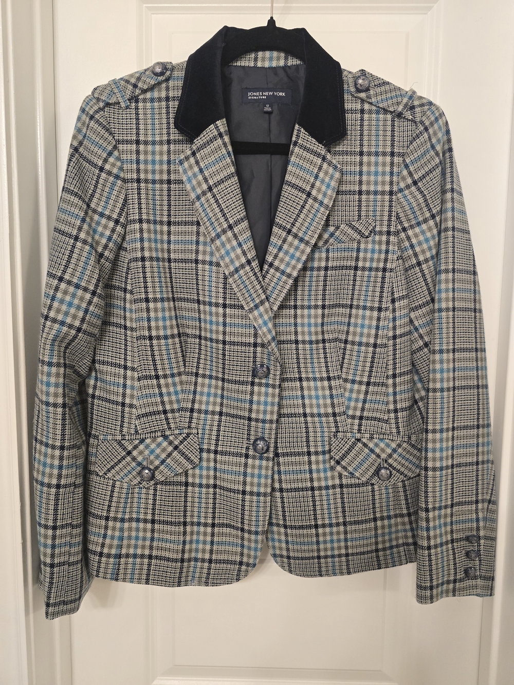 Jones New York Blue Plaid Notch Collar Wool-Blend Blazer